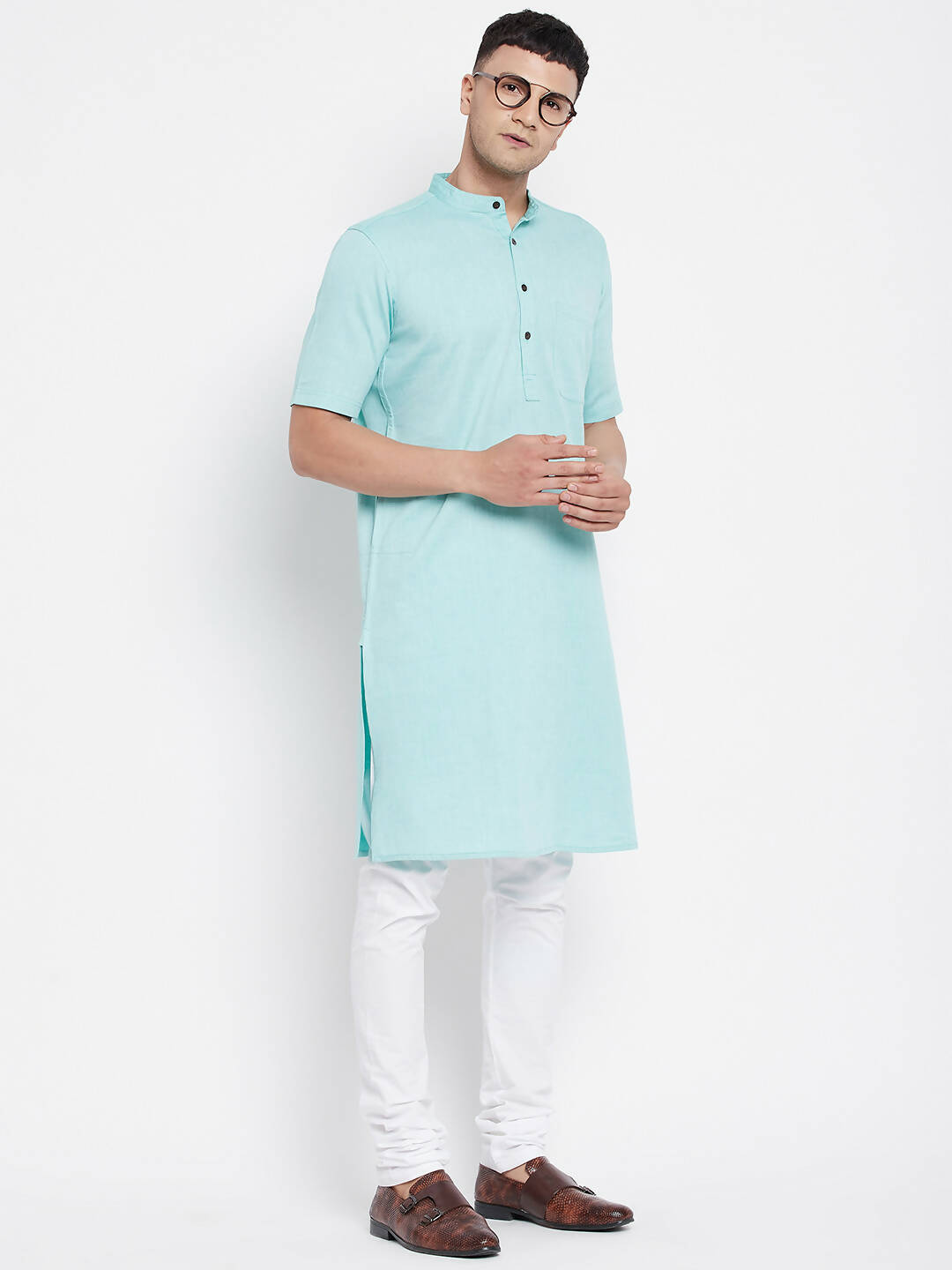 Even Apparels Green Pure Cotton Men's H/S Kurta With Band Collar - Distacart