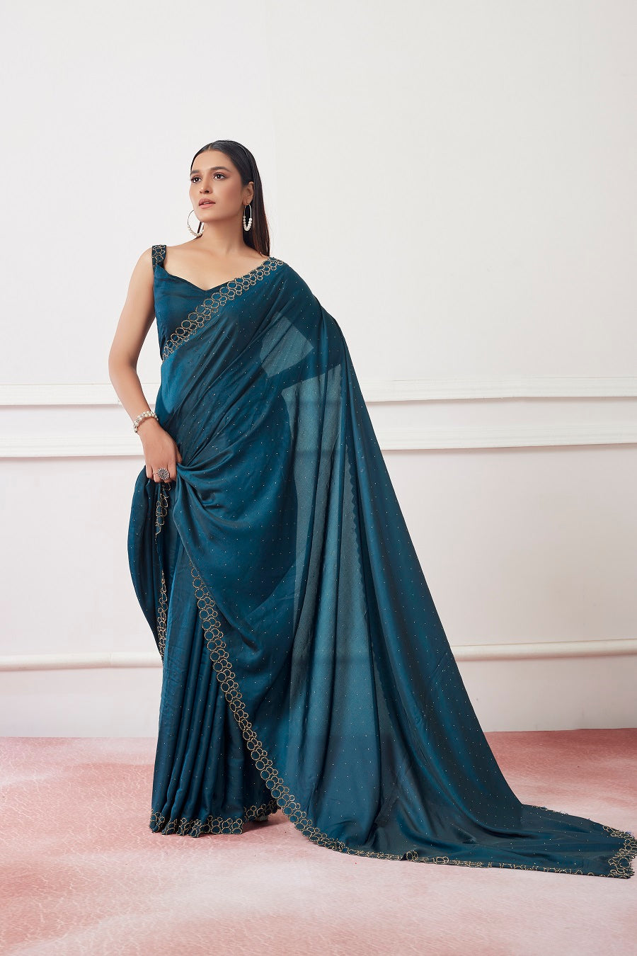 NOZ2TOZ Women Party Wear Sequnce Worked Saree with Designer Un Stitched Blouse - Teal - Distacart