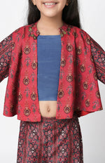 Thumbnail for Lil Drama Ethnic Twist Girls Red Print Flared Palazzo With Top And Jacket Co-Ordinate Set - Distacart