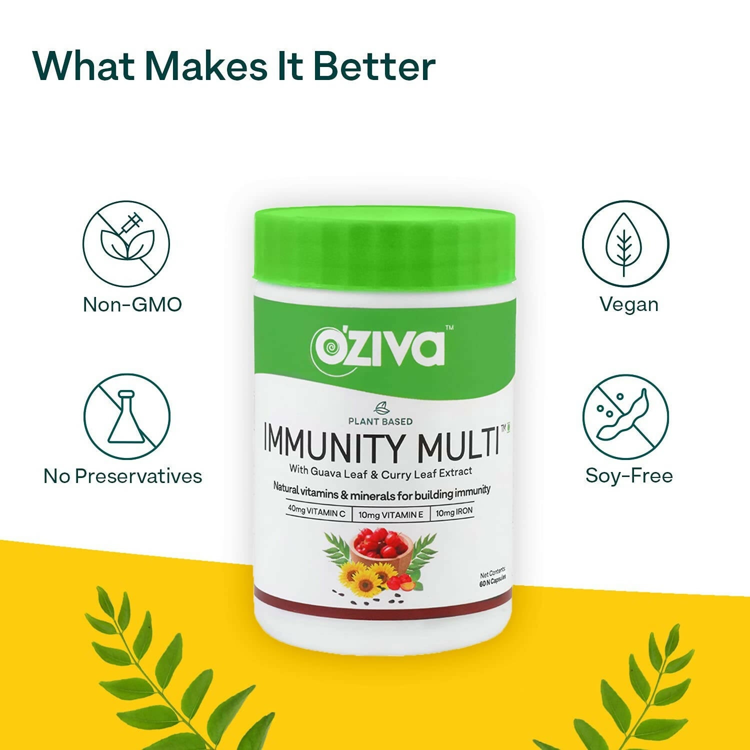 OZiva Plant Based Immunity Multivitamin with Guava Leaf & Curry Leaf Extract Capsules - Distacart