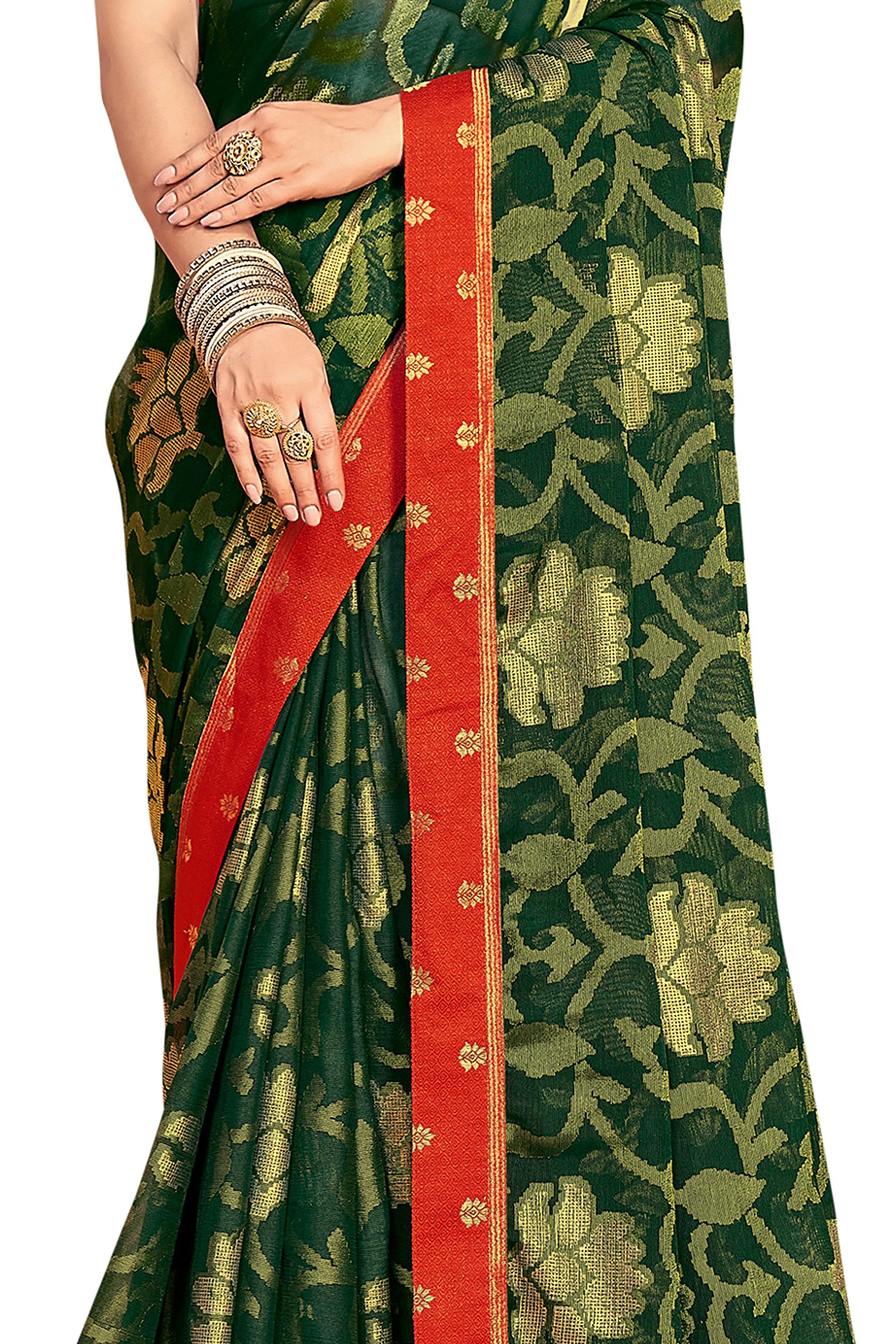 Vamika Dark Green Designer Chiffon Brasso Saree With Exclusive Banarasi Lace - Distacart