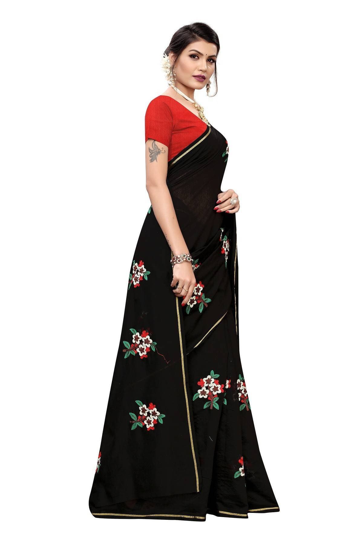 Vamika Black Chanderi Cotton Embroidery Floral Saree