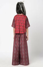 Thumbnail for Lil Drama Ethnic Twist Girls Red Print Flared Palazzo With Top And Jacket Co-Ordinate Set - Distacart