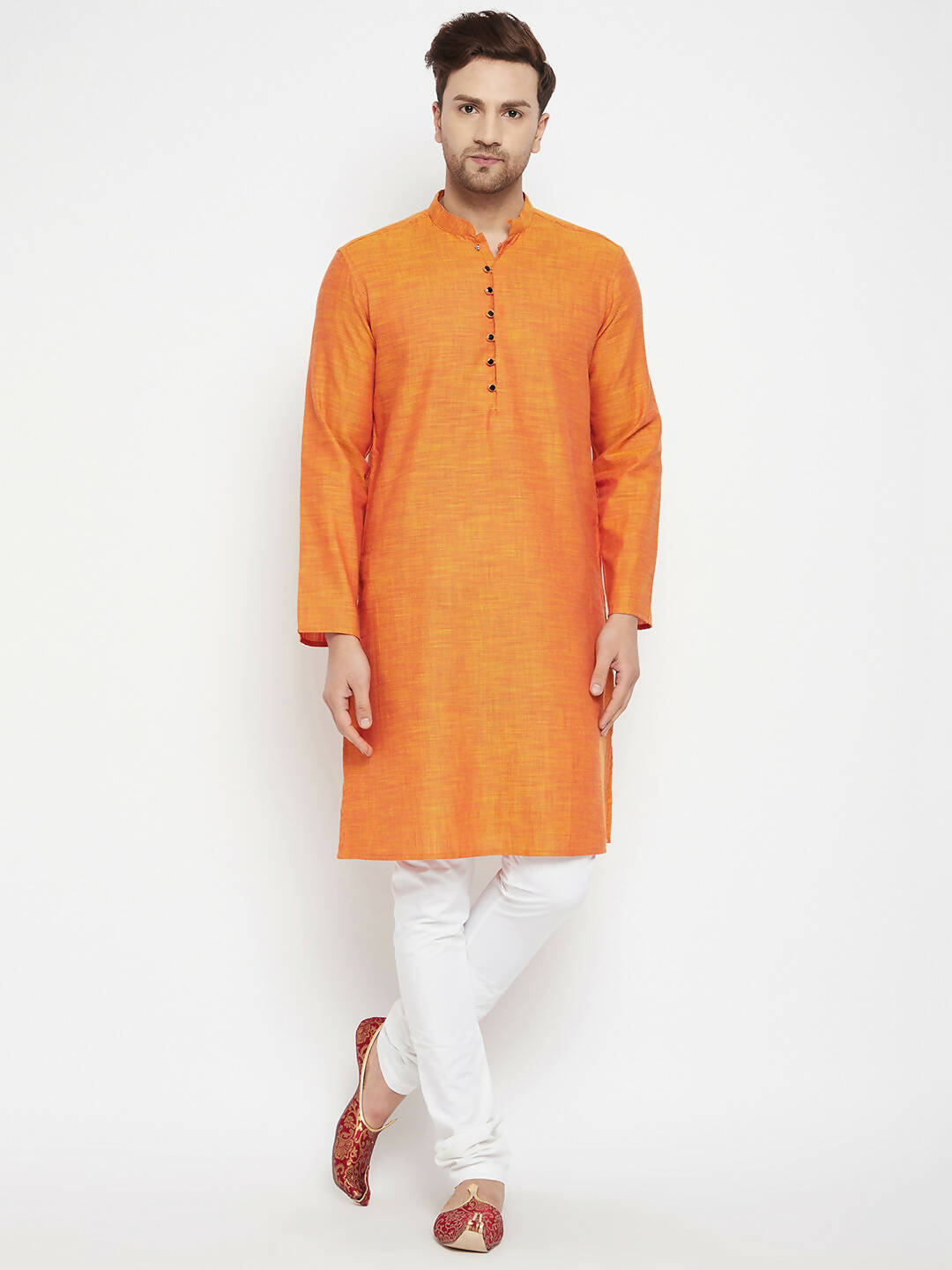 Even Apparels Orange Pure Cotton Long Men's Kurta With Band Collar - Distacart