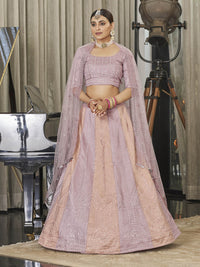Thumbnail for Myra Pink & Peach Multicolour Art Silk Embroidered Designer Lehenga Choli - Distacart