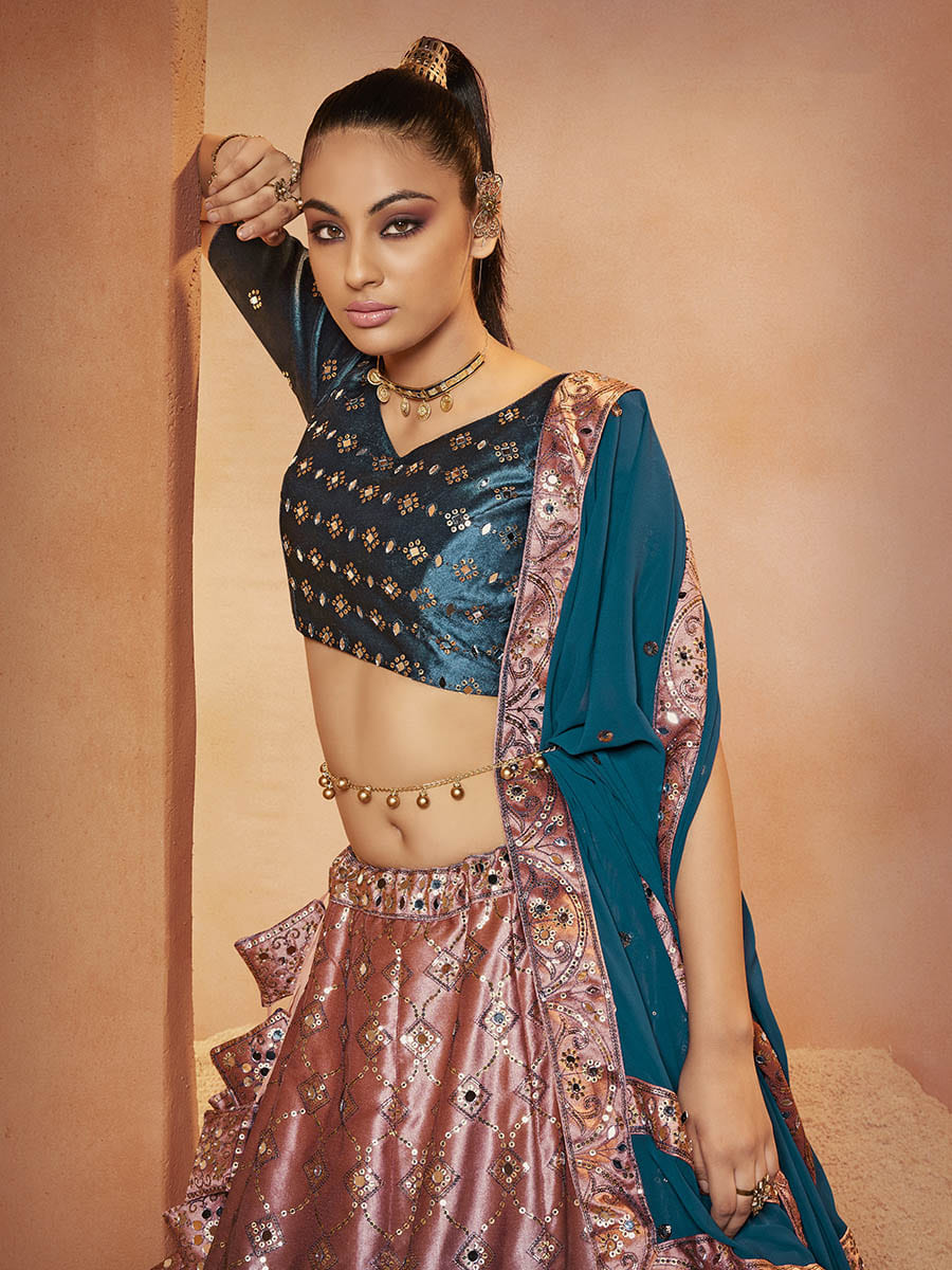 Myra Teal Blue Velvet Embroidered Designer Lehenga Choli - Distacart