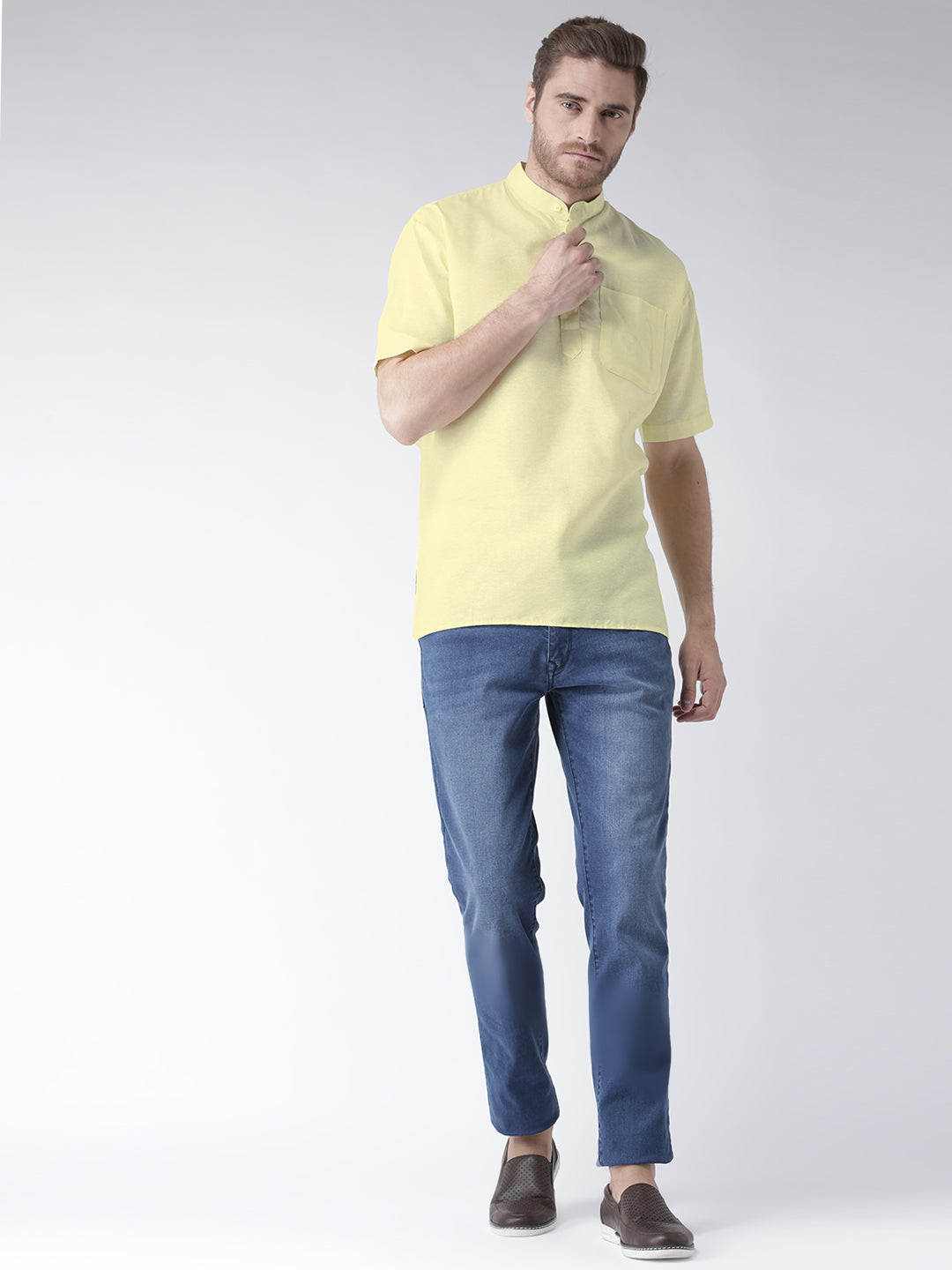 RIAG Men's Yellow Cotton Short Ethnic Kurta - Distacart