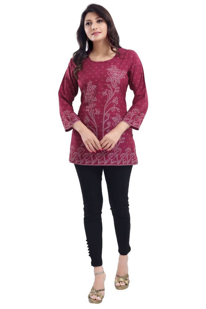 Snehal Creations Magenta Faux Crepe Short Kurti Tunic Top
