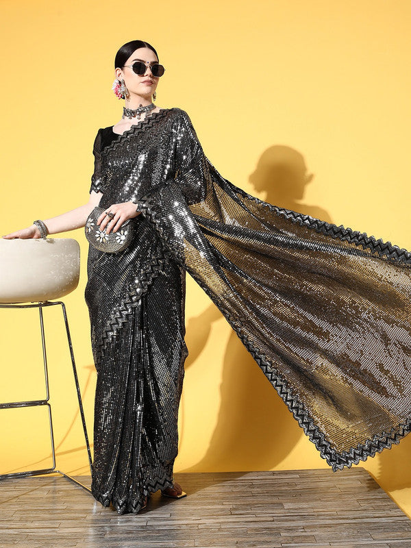 Malishka Women's Black Georgette Sequence Embroidery Bollywood Saree With Blouse Piece - Distacart