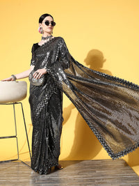 Thumbnail for Malishka Women's Black Georgette Sequence Embroidery Bollywood Saree With Blouse Piece - Distacart