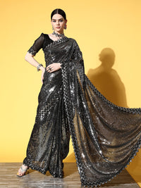 Thumbnail for Malishka Women's Black Georgette Sequence Embroidery Bollywood Saree With Blouse Piece - Distacart