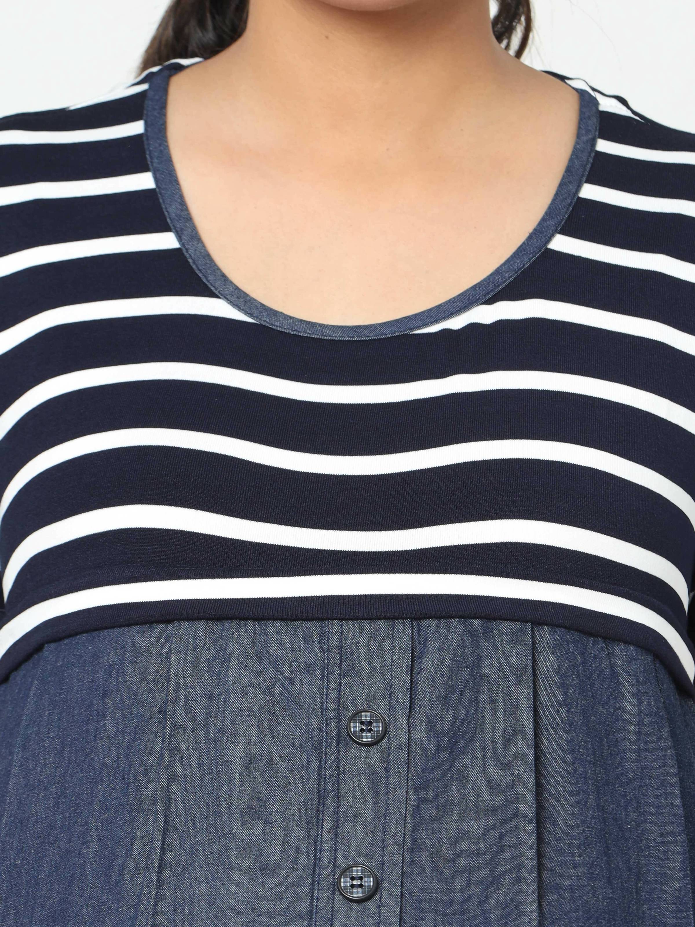 Manet Half Sleeves Maternity Dress White Striped With Concealed Zipper Nursing Access - Navy - Distacart