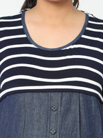 Thumbnail for Manet Half Sleeves Maternity Dress White Striped With Concealed Zipper Nursing Access - Navy - Distacart