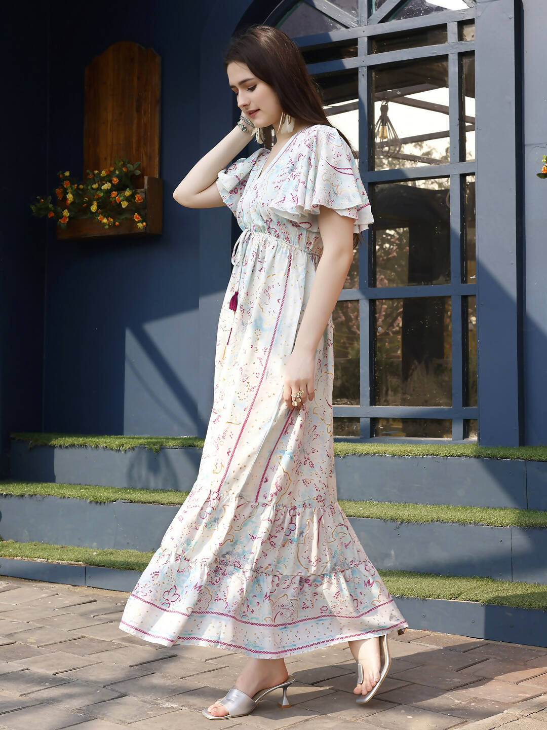 Off white Rayon Foil Printed Long Dress - Michan - Distacart