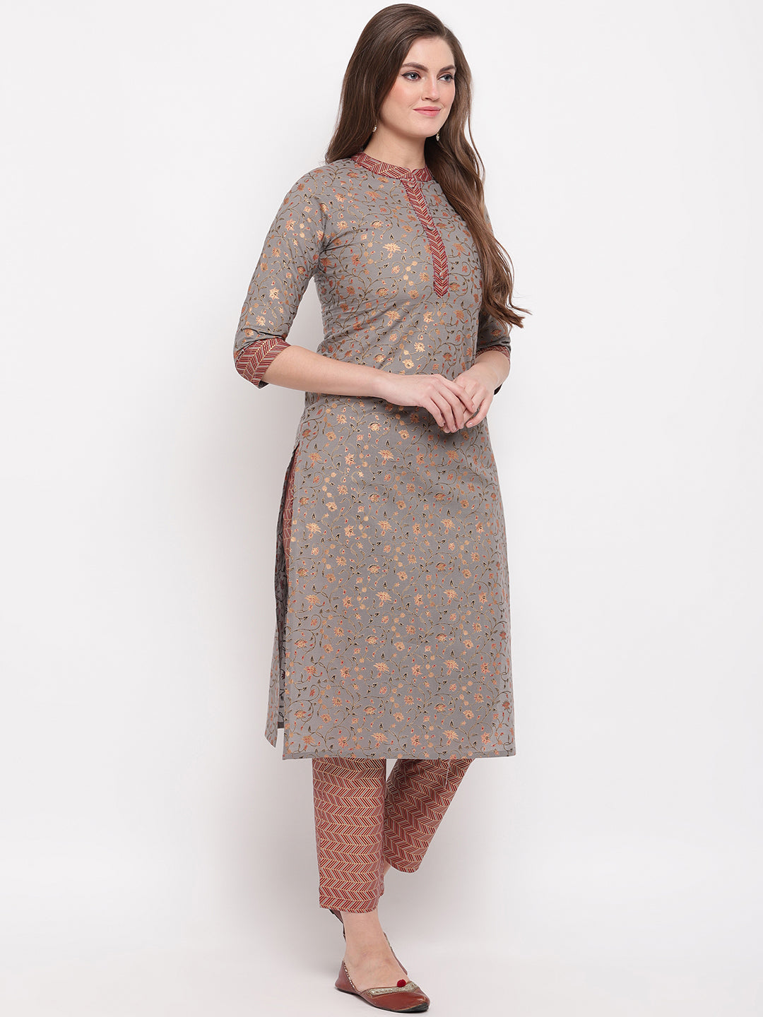 NOZ2TOZ Women's Foil Print & Hand Work Straight Cotton Grey Kurti - Distacart