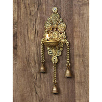 Thumbnail for eCraftIndia Gold-Toned Handcrafted Antique Finish Diya with Bells Decorative Wall Hanging Showpiece - Distacart