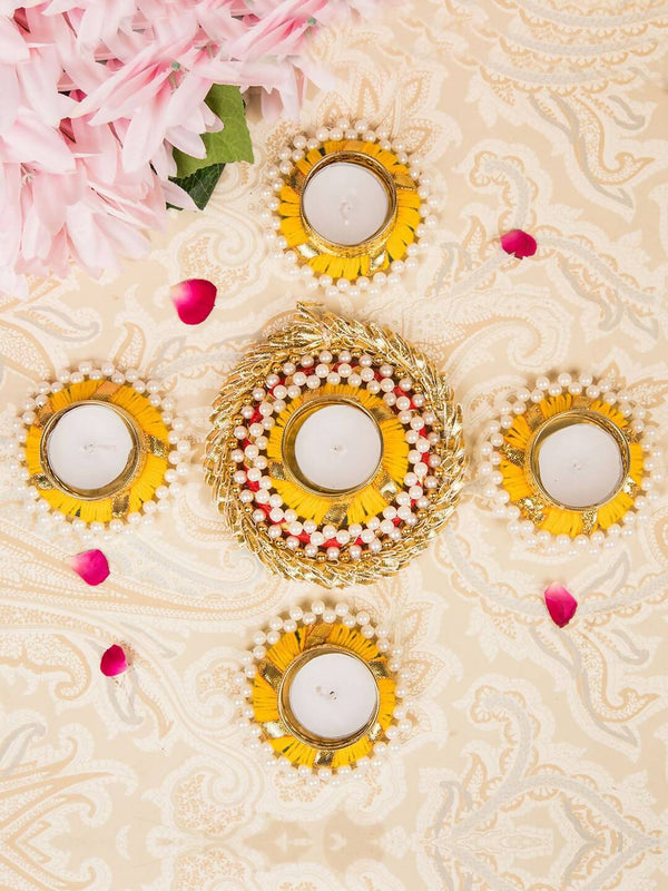 Tied Ribbons Set Of 5 Golden Diwali Dcoration Tealight Candle Holder - Distacart