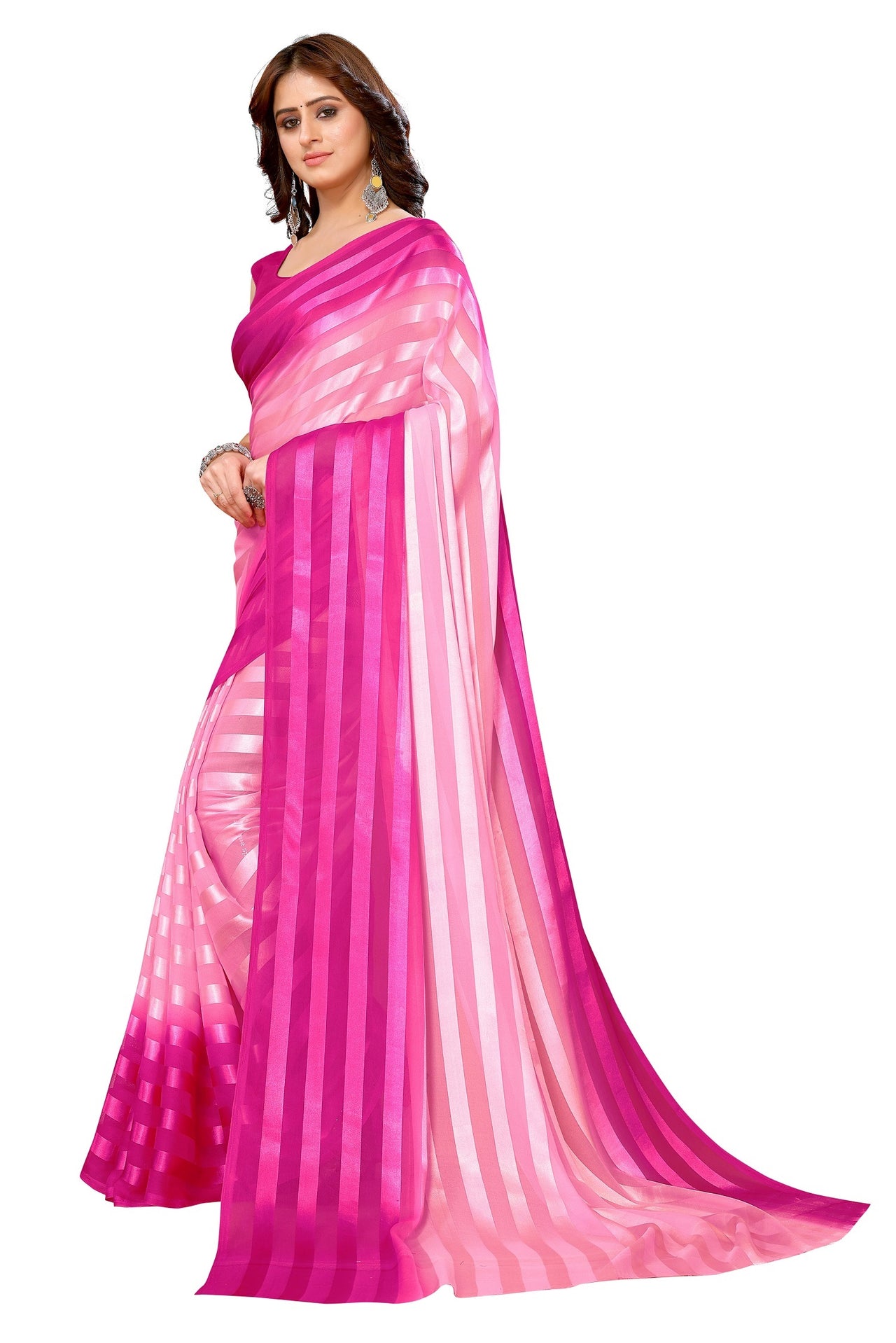 Vamika Georgette Satin Pink Desinger Satin Patta Saree - Distacart