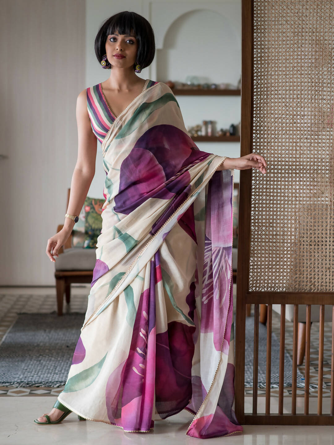 Suta Beige Floral Pure Cotton Saree - Distacart