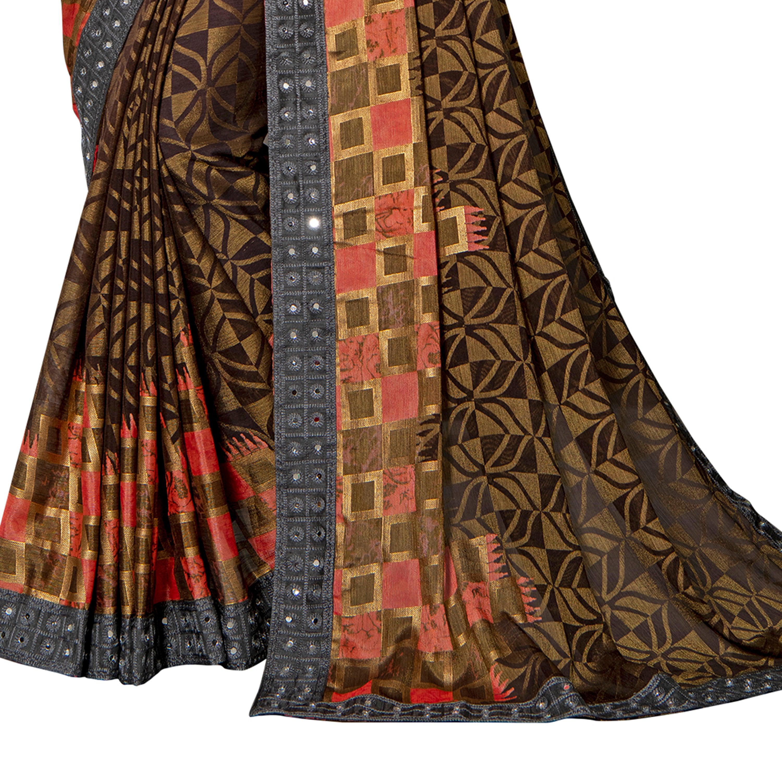 Vamika Brown Designer Chiffon Brasso Saree With Mirror Work Lace - Distacart