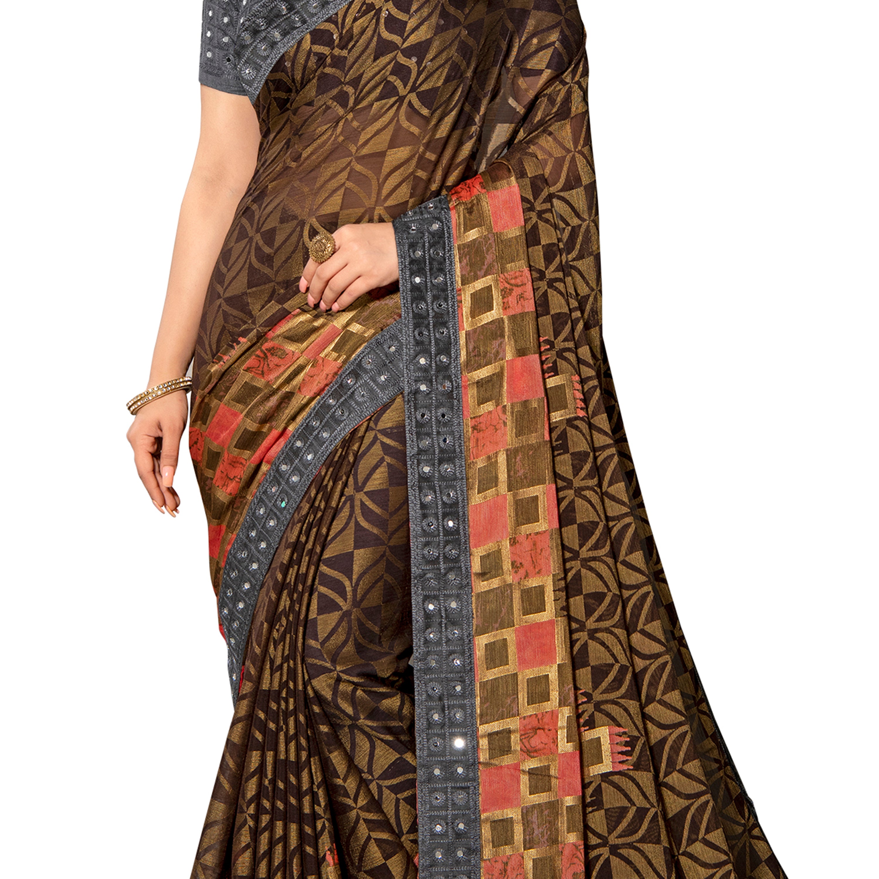 Vamika Brown Designer Chiffon Brasso Saree With Mirror Work Lace - Distacart