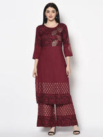 Thumbnail for Aniyah Rayon Maroon Color Block Print Straight Kurta Palazzo Set (AN-184K)