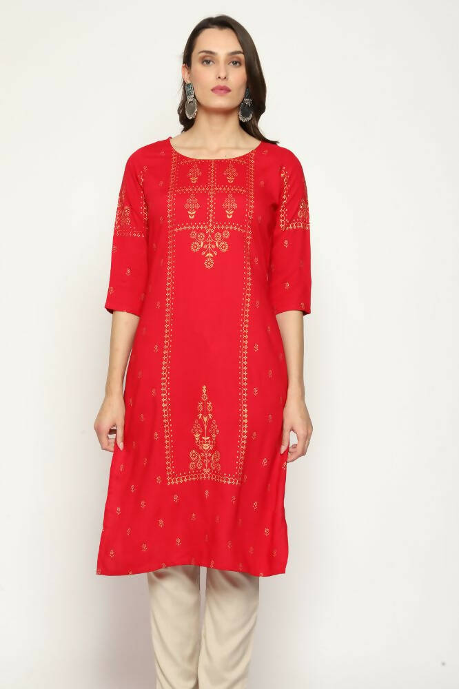 Maai Rayon Hand Printed Kurta Red - Distacart