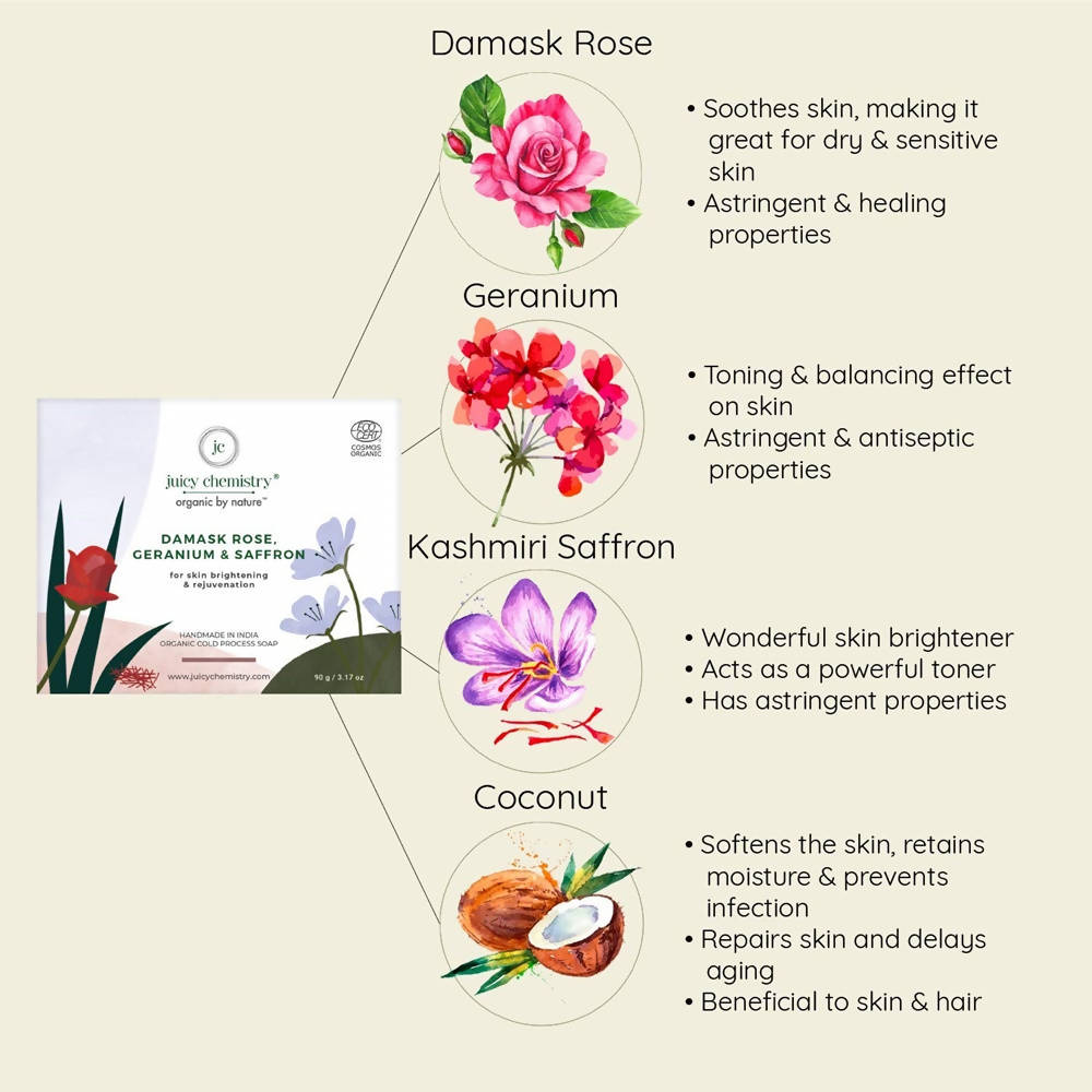 Juicy Chemistry Damask Rose, Geranium & Saffron Soap For Skin - Distacart