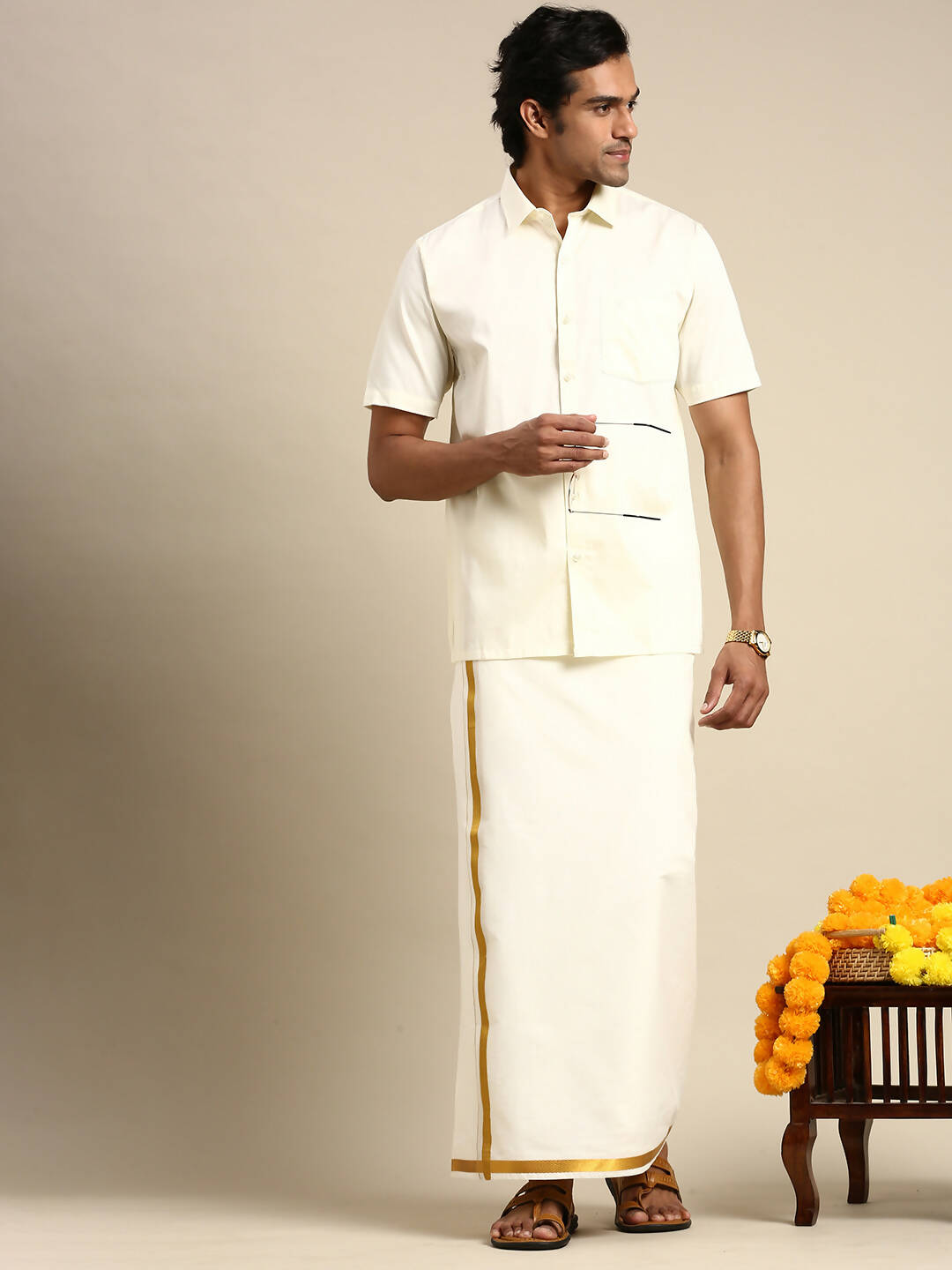 Ramraj Cotton Mens Cotton Cream Colour Half Sleeve Shirt - Distacart