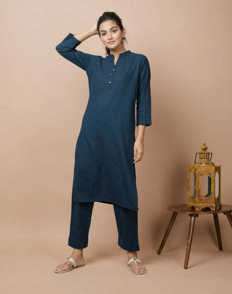 Kaajh Women's Navy Blue Solid Cotton Kurta Pant Set - Distacart