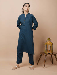 Thumbnail for Kaajh Women's Navy Blue Solid Cotton Kurta Pant Set - Distacart