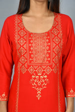 Thumbnail for Kaajh Women's Red Gold Printed Kurta Pant Set - Distacart