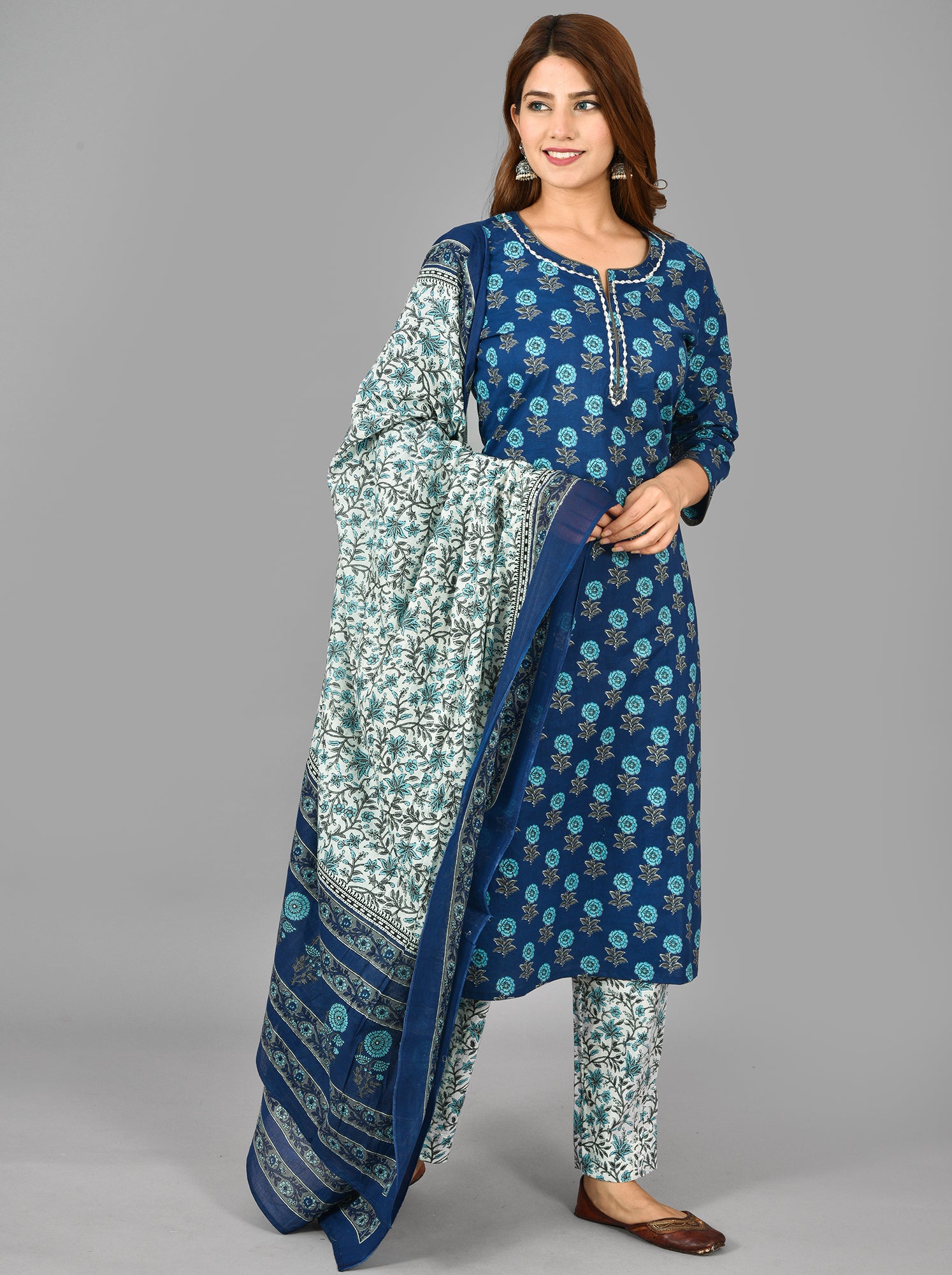Kaajh Women's Blue Floral Print Cotton Suit Set - Distacart
