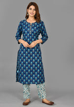 Thumbnail for Kaajh Women's Blue Floral Print Cotton Suit Set - Distacart