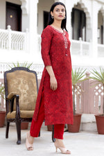 Thumbnail for Kaajh Women's Red Gold Printed Modal Silk Kurta Pant Set - Distacart