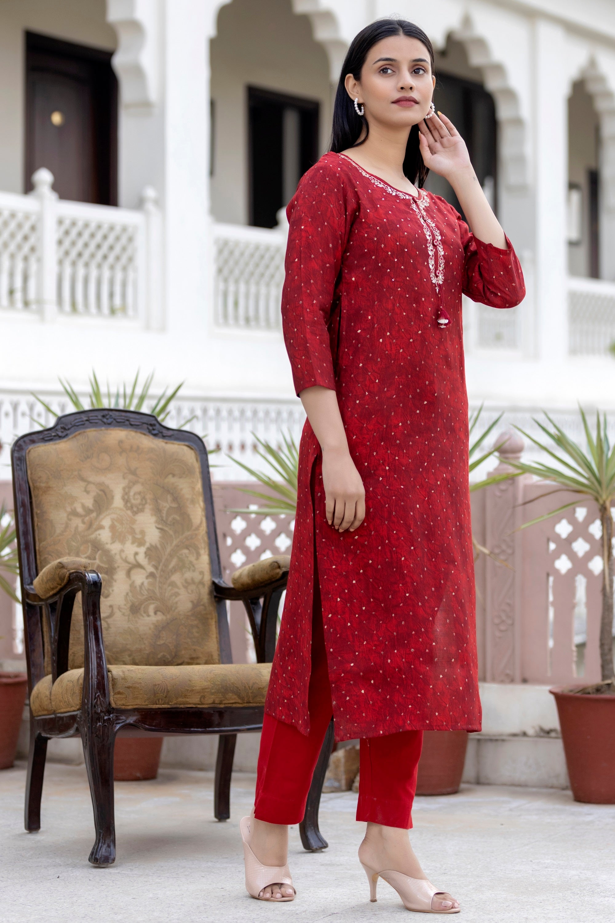 Kaajh Women's Red Gold Printed Modal Silk Kurta Pant Set - Distacart