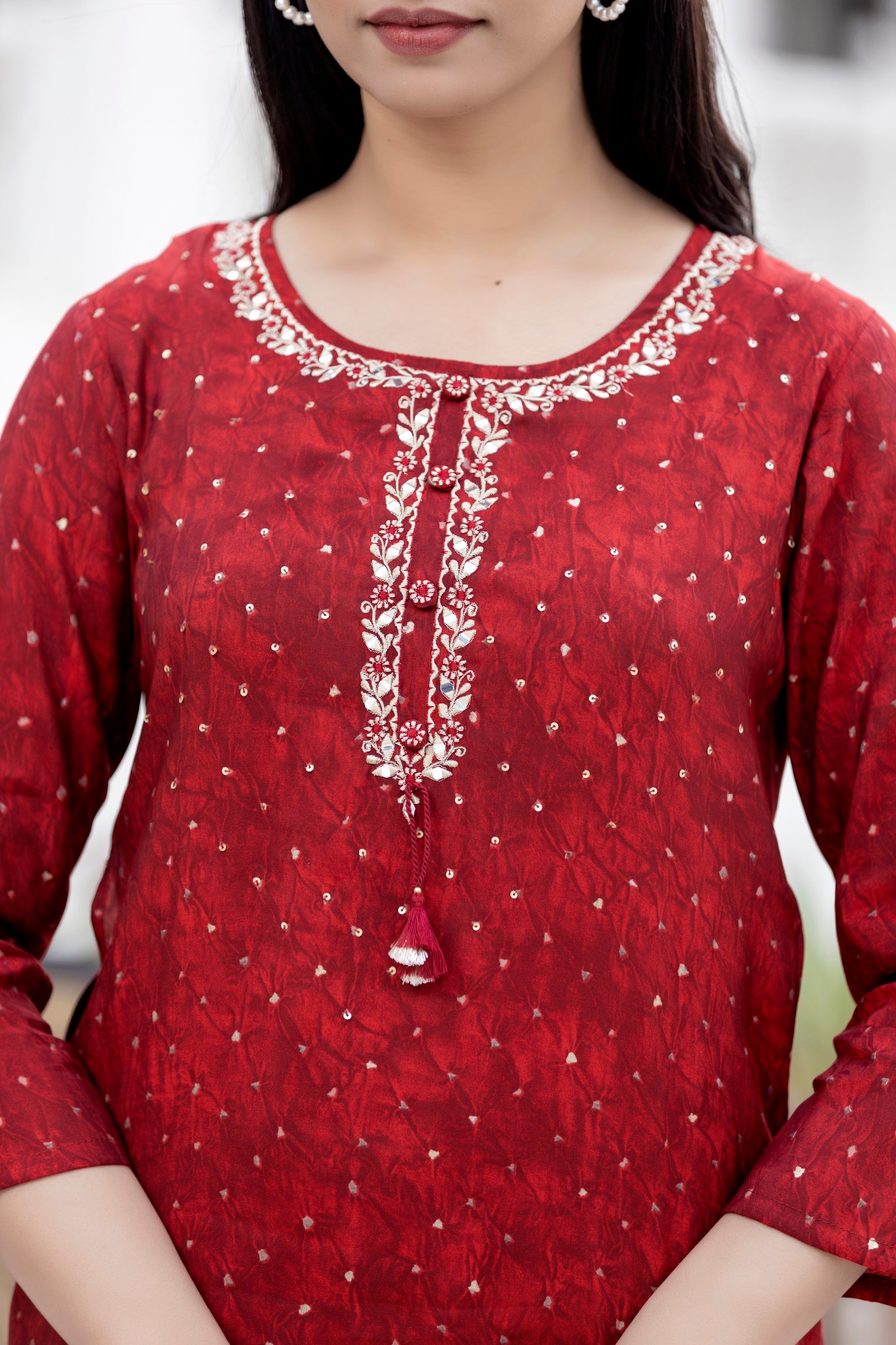 Kaajh Women's Red Gold Printed Modal Silk Kurta Pant Set - Distacart