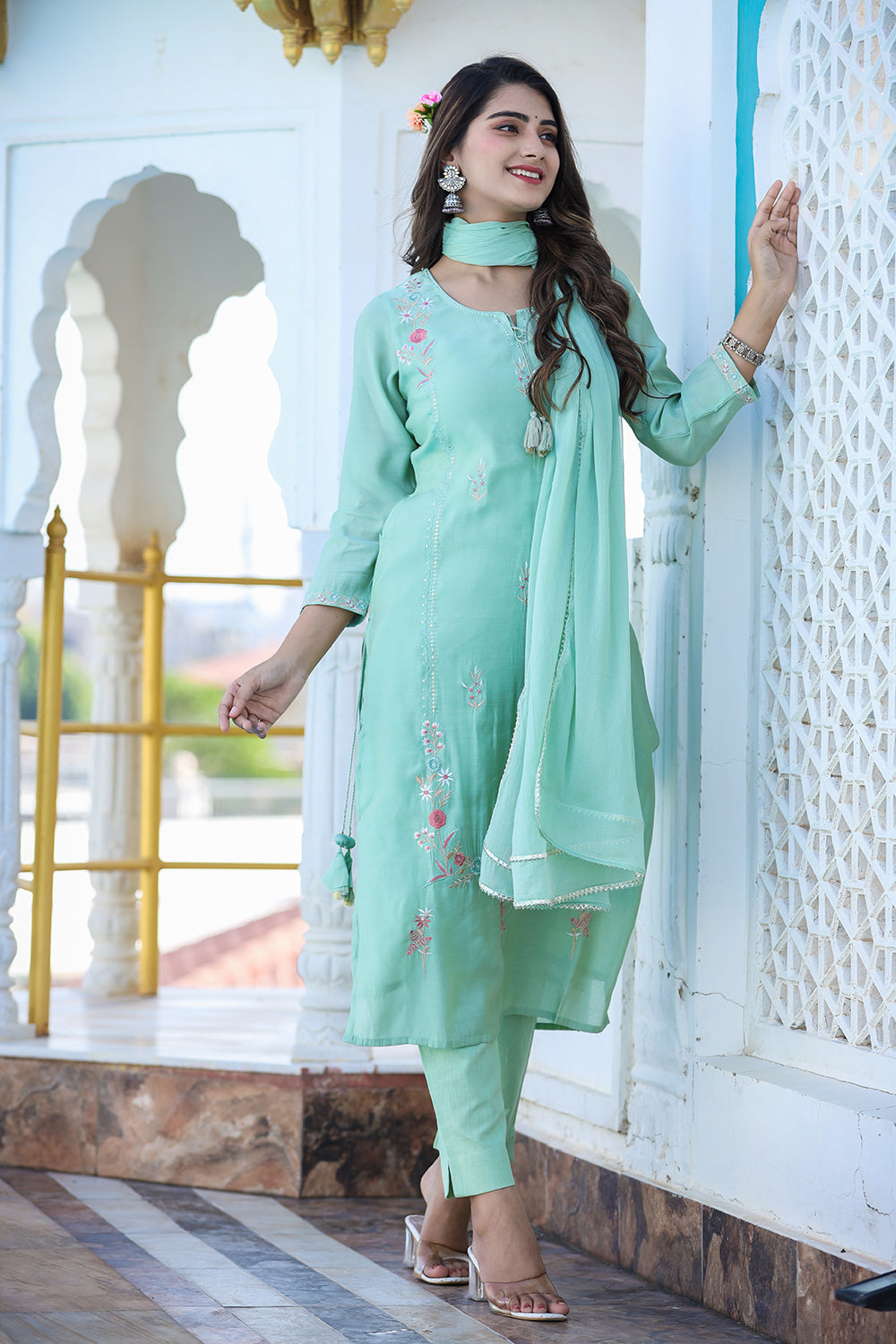 Kaajh Women's Green Floral Modal Silk Suit Set - Distacart
