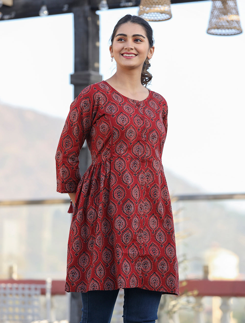 Kaajh Maroon Ajrak Print Cotton Shirt Style Tunic - Distacart