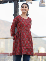 Thumbnail for Kaajh Maroon Ajrak Print Cotton Shirt Style Tunic - Distacart