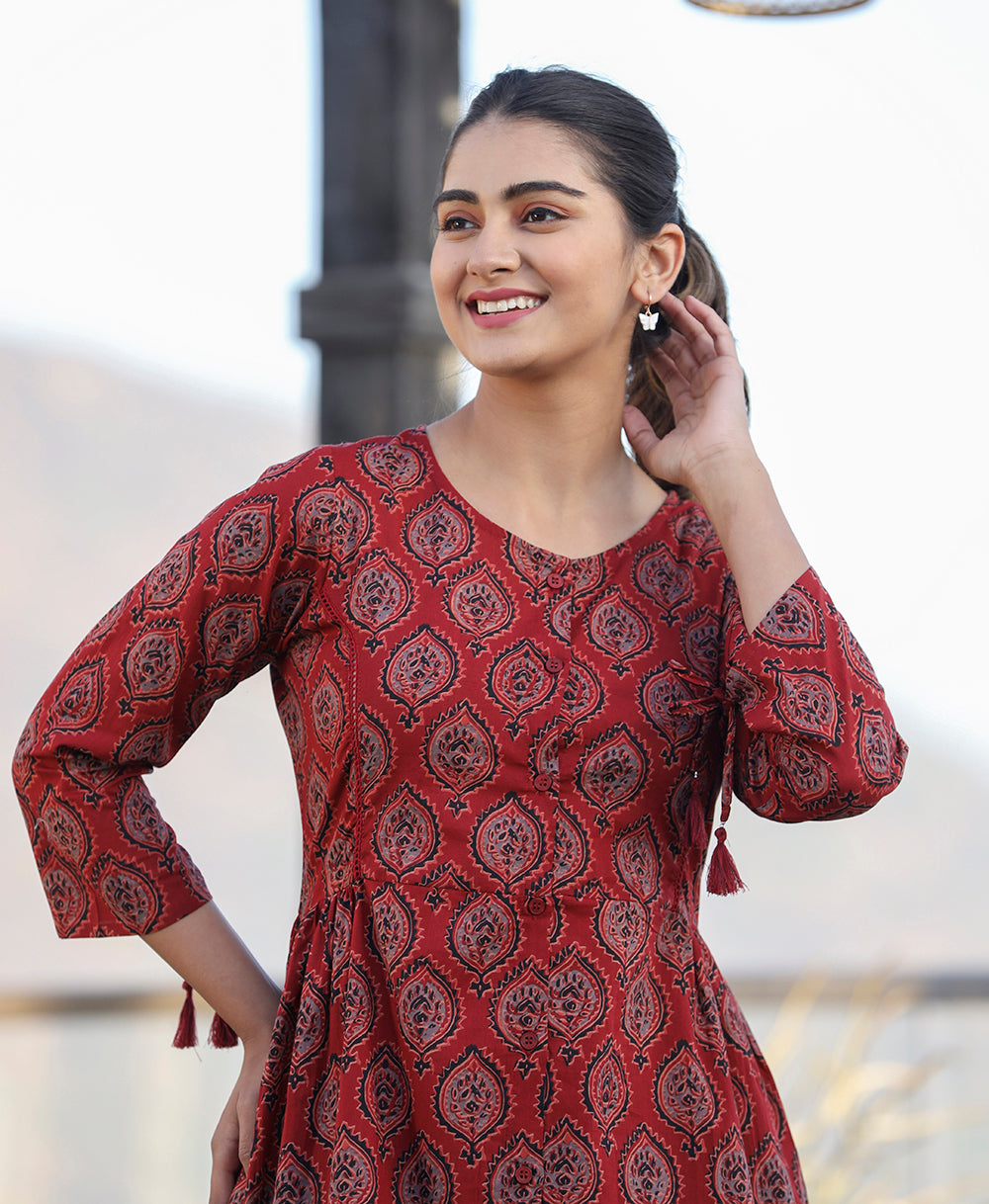 Kaajh Maroon Ajrak Print Cotton Shirt Style Tunic - Distacart