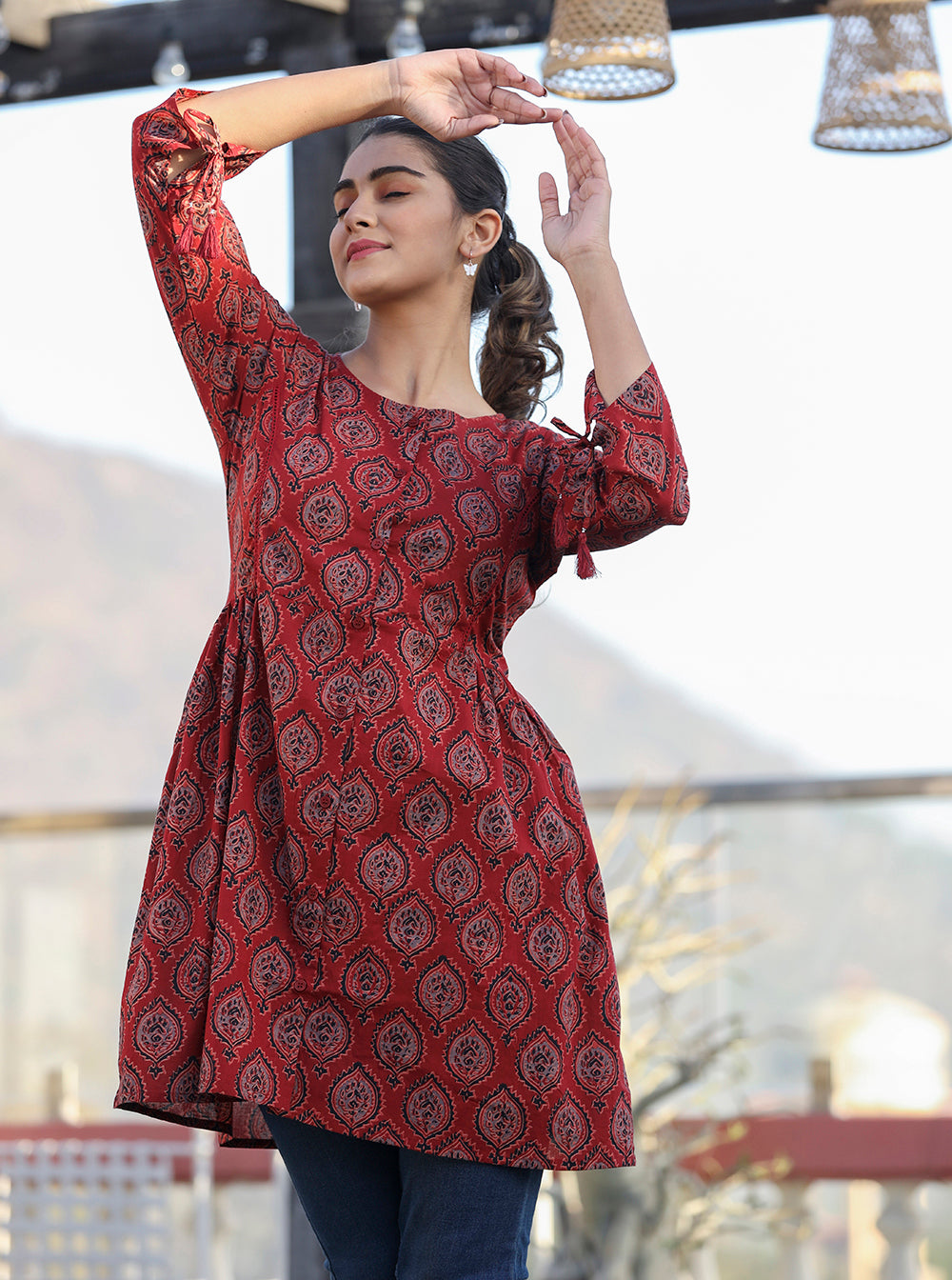 Kaajh Maroon Ajrak Print Cotton Shirt Style Tunic - Distacart