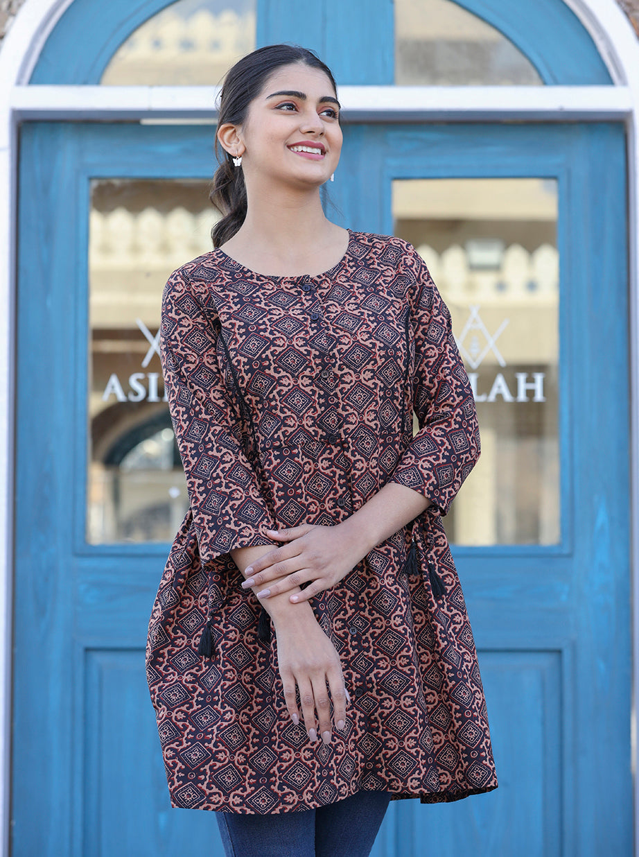 Kaajh Coffee Brown Cotton Shirt Style Tunic - Distacart