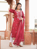 Thumbnail for Kaajh Women's Wine Red Lucknow Chikankari Cotton Kurta Set With Dupatta - Distacart