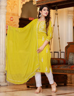 Thumbnail for Kaajh Women's Mustard Lucknow Chikankari Kurta Pant Set With Dupatta - Distacart