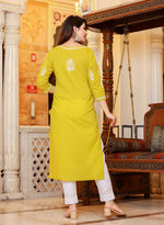 Thumbnail for Kaajh Women's Mustard Lucknow Chikankari Kurta Pant Set With Dupatta - Distacart