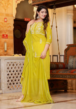 Thumbnail for Kaajh Women's Mustard Lucknow Chikankari Kurta Pant Set With Dupatta - Distacart
