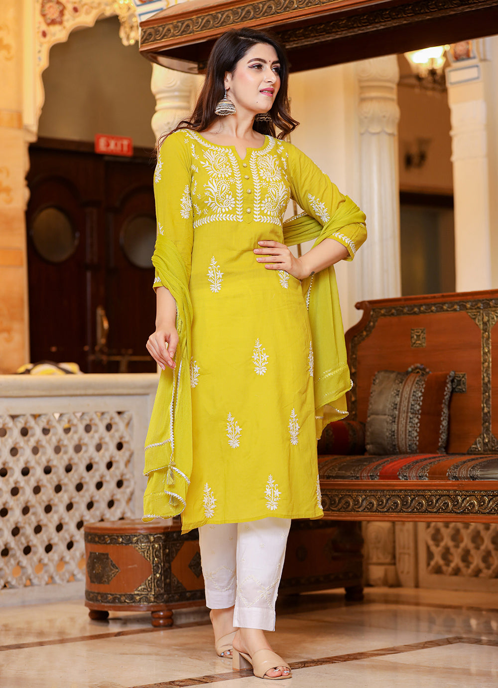 Kaajh Women's Mustard Lucknow Chikankari Kurta Pant Set With Dupatta - Distacart