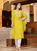 Thumbnail for Kaajh Women's Mustard Lucknow Chikankari Kurta Pant Set With Dupatta - Distacart