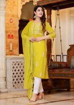 Thumbnail for Kaajh Women's Mustard Lucknow Chikankari Kurta Pant Set With Dupatta - Distacart